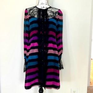 Nanette Lepore, 100% silk striped dress with black lace size 10